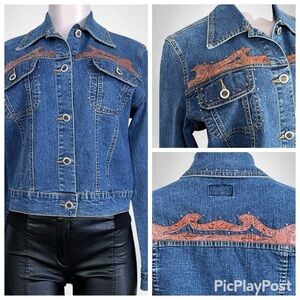 Vintage Isabel USA Saddle Leather Trim Blue Jean Jacket SZ M